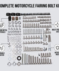 Motorcycle Fairing Bolts Kit With M5 And M6 Screws Nuts Washers And Spacers Plus Included Hex Wrenches For Ready To Roll DIY Installation And Universal Body Panel Hardware For All Models. Metal screws, nuts, washers, and spacers laid out on white.