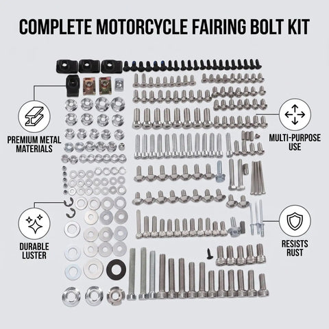 Motorcycle Fairing Bolts Kit With M5 And M6 Screws Nuts Washers And Spacers Plus Included Hex Wrenches For Ready To Roll DIY Installation And Universal Body Panel Hardware For All Models. Metal screws, nuts, washers, and spacers laid out on white.