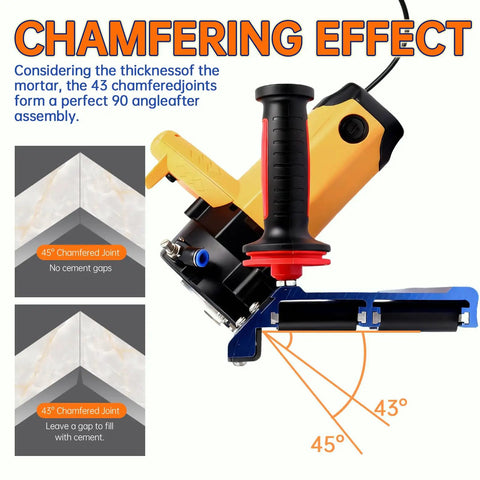 Bevel Edge Tile Tool With 16 Roller Base, 43 Degree Chamfer Machine demonstrating chamfering effect on marble tile joint angles.
