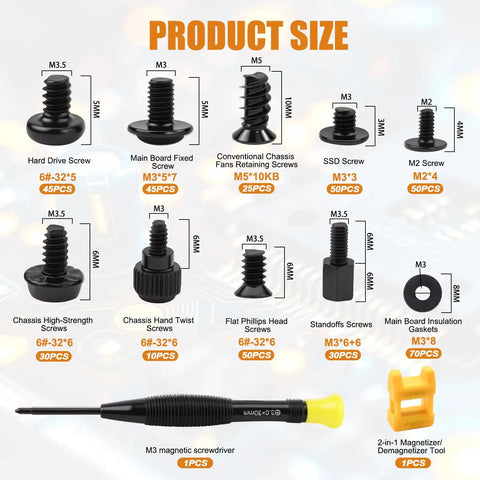 Beefed Up 400 Piece Pc Screw And Standoff Hardware Kit With Heavy Duty Black Zinc Plated Spacers showing various screw types and sizes.