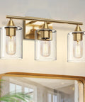 Three Light Vanity Light Fixtures Matte Black Finish With Clear Glass Shades Farmhouse Style Wall Lamp on mirror
