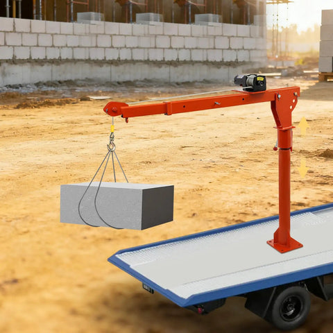 Heavy Duty 1100 Lb Truck Mounted Crane Hoist W/ 12V Electric Winch lifting a concrete block on a pickup truck bed.