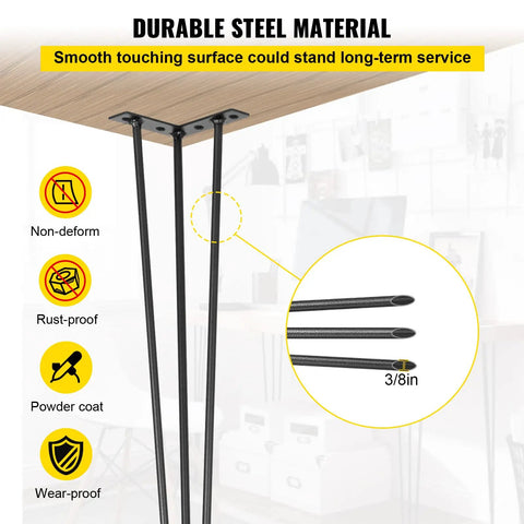 Beefy Heavy Duty Hairpin Table Legs 24 Inch Black Set Of 4 Carbon Steel With Three Rods For Desks Benches Tables And Chairs 880 Pounds Total Load Capacity DIY Furniture Support, 3-rod steel leg close-up