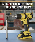 Cordless drill with attachment shown, suitable for both power and hand tools, in a workshop setting.