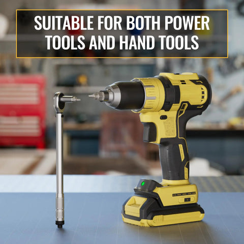 Cordless drill with attachment shown, suitable for both power and hand tools, in a workshop setting.