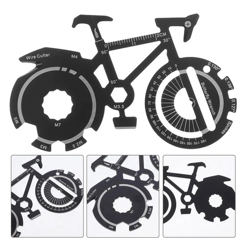 Compact bicycle shaped multitool keychain made from durable stainless steel for on the go bike repairs, multiple tool functions visible