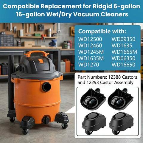 Fast Fix Replacement Foot Casters And Swivel Caster Wheels For Ridgid Shop Vacuums featuring durable orange vacuum with wheels.