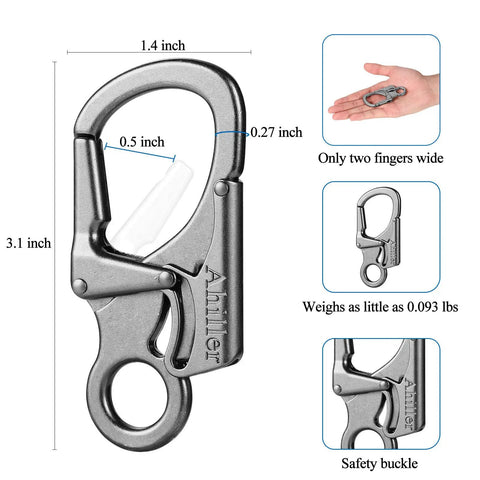 Double Lock Carabiner Clip With Anti Misopening Design 3.1 Inch Zinc Alloy Heavy Duty Keychain for outdoor use, detailed view and dimensions.