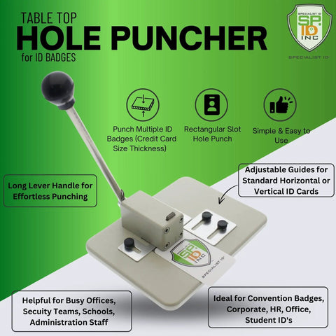 Heavy Duty Desktop Slot Punch For ID Cards And Bulk Badges With Precision Adjustable Slide Guides, tabletop design for effortless punching.