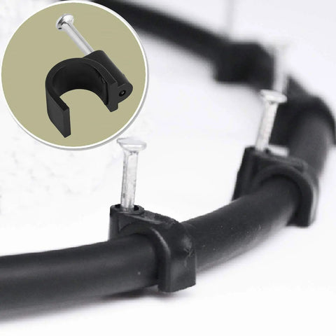 Close-up of 100 Pack Nail In Cable Clips Set for 8mm Wire With Zinc Plated Nails securing black cable