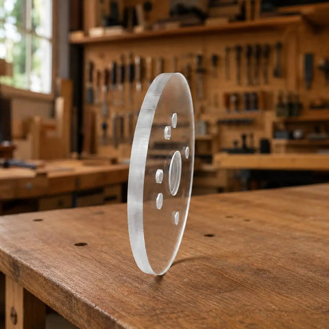 Six Inch Clear Acrylic Router Base Plate With Precision Pre Drilled Holes For DWP611 And DCW600B Compact Routers on wooden workbench.