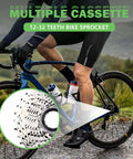 Cyclist on a bike with 10 Speed Hyperglide Bike Cassette CS-HG500-10 11-32T, inset of cassette with anti-chain-drop teeth design
