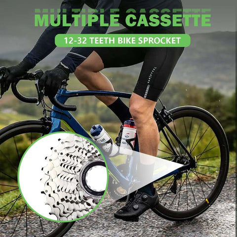 Cyclist on a bike with 10 Speed Hyperglide Bike Cassette CS-HG500-10 11-32T, inset of cassette with anti-chain-drop teeth design