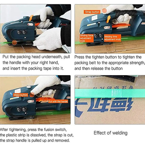 Ready To Roll Cordless Automatic Strapping Machine Handheld Battery Powered Welding Banding Tool demonstrated on cardboard
