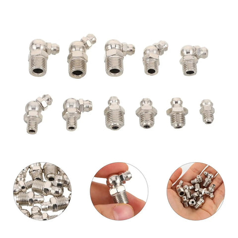 Heavy Duty Zerk Fitment Kit With M6 M8 M10 Thread Sizes For Tractor And Truck Repair Featuring 45 90 180 Degree Angles To Fix Grease Supply Issues On Construction Equipment And Vehicles Effortlessly, angled steel grease fittings