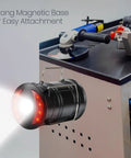 Two Pack Rechargeable Camping Lanterns With Dual Power Source attached to a surface with magnetic base, spotlight lit