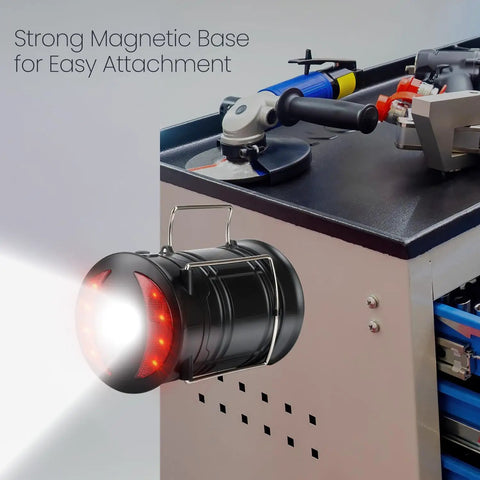 Two Pack Rechargeable Camping Lanterns With Dual Power Source attached to a surface with magnetic base, spotlight lit