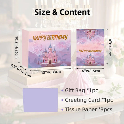 13 Inch Large Birthday Gift Bag Set With Tissue Paper And Greeting Card Pink And Purple Princess Castle Theme With Ribbon Handles