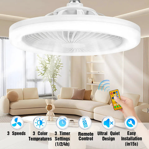 Socket Fan Light With Remote 10 Inch Ceiling Fan With Lights 2000 Lumens Dimmable LED Bulb installed in a modern living room