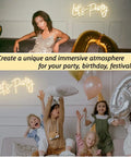 Versatile Dimmable Neon Sign For Parties And Events in use, warm white glow, 17x7.5 inch, wall decor at party with balloons.