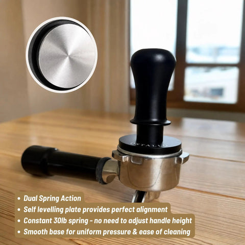 Straight Up Pro 54mm Espresso Accessories Kit with heavy duty tamper showing dual spring action and self-levelling plate.