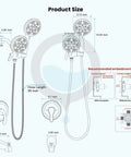 2 In 1 Dual Shower Head And Handheld Faucet Set With Tub Spout Wall Mount Trim Kit, size dimensions, 3 Way Diverter Valve