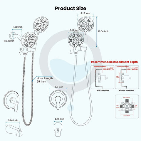 2 In 1 Dual Shower Head And Handheld Faucet Set With Tub Spout Wall Mount Trim Kit, size dimensions, 3 Way Diverter Valve