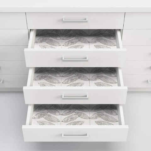 Open drawers lined with Grey Terrain Botanical Peel And Stick Wallpaper With Scandinavian Influence in grey tones, NUS3263.