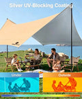 Family under 14.5x11 Feet Camping Tarp With Poles And Retainer PU9000Mm Waterproof 210D Oxford Cloth Canopy Shelter Khaki
