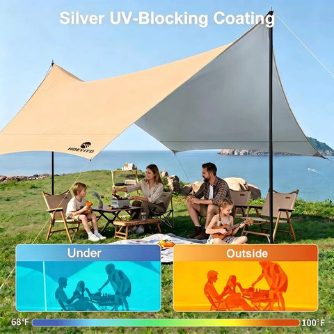 Family under 14.5x11 Feet Camping Tarp With Poles And Retainer PU9000Mm Waterproof 210D Oxford Cloth Canopy Shelter Khaki