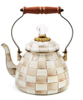 Enamel Tea Kettle For Stovetop Brown And White Mocha Check 2 Quart Capacity Teapot Style Pouring Pot With Comfortable Handle