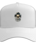 Hot Machinist CNC Tools Vise Gauge Square Men Gifts Trucker Hat With Adjustable Mesh Back White Five Panel Structured Foam Front featuring skull design.