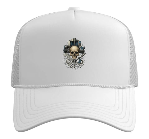 Hot Machinist CNC Tools Vise Gauge Square Men Gifts Trucker Hat With Adjustable Mesh Back White Five Panel Structured Foam Front featuring skull design.