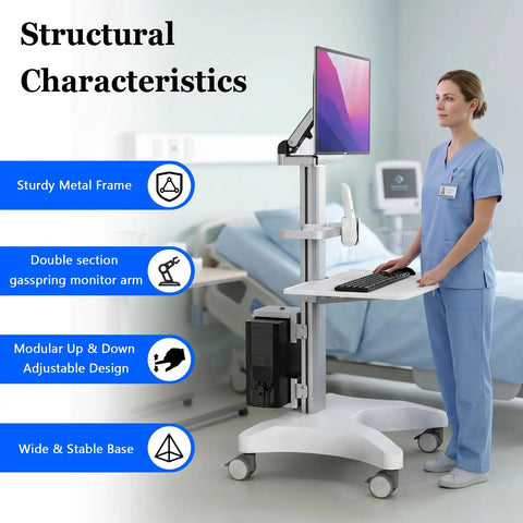 Adjustable Height Rolling Standing Desk With Rock Solid Monitor Mount And Smooth Keyboard Tray in a medical setting with a nurse.