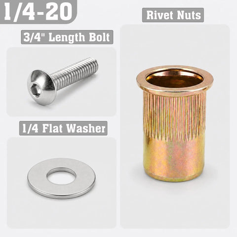 40-Piece 1/4-20 Rivet Nut and Bolt Hardware Kit with carbon steel rivnuts, stainless steel 3/4 inch button head screws, flat washers