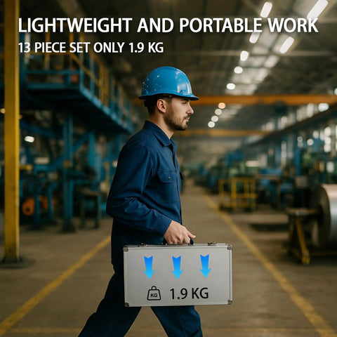 Person holding case of 13 Piece Welding Measurement Toolbox Set Stainless Steel Weld Inspection Tools, shown lightweight at 1.9 kg