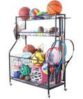 Go-To Heavy Duty Carbon Steel Sports Equipment Storage Cart With 2 Baskets And 2 Locking Wheels Large Mesh Bins For Helmets, Balls, Bats, Field Hockey Gear, And Golf Bags Space Saving Home Gym Organizer loaded with sports balls and rackets