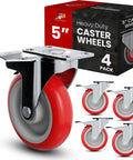Four Pack Five Inch Red Polyurethane Swivel Caster Wheels With Kickass Integrated Locking Plate Brake for mobile projects.