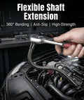 Flexible Shaft Extension 360 Degree Rod for Impact Sockets and Wrenches shown in use with ratchet on car engine.