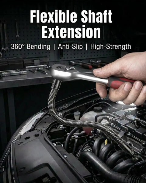 Flexible Shaft Extension 360 Degree Rod for Impact Sockets and Wrenches shown in use with ratchet on car engine.