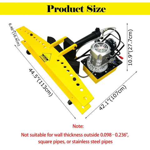 Heavy Duty 110V Electric Hydraulic Pipe Bender With 21 Ton Force And 10 Precision Dies For Round Copper Steel Tubing, shown with measurements.