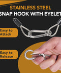 Stainless steel snap hook with eyelet from 4 Pack Stage Light Safety Cables With Loops And Snap Hooks, 2 Ft Long, 1/8 Inch Diameter.