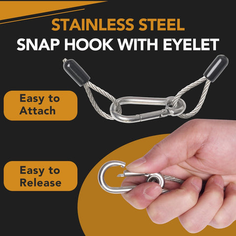 Stainless steel snap hook with eyelet from 4 Pack Stage Light Safety Cables With Loops And Snap Hooks, 2 Ft Long, 1/8 Inch Diameter.