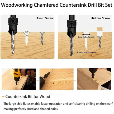 Diagram showing woodworking chamfered countersink drill bits set for flush and hidden screws with pilot holes.