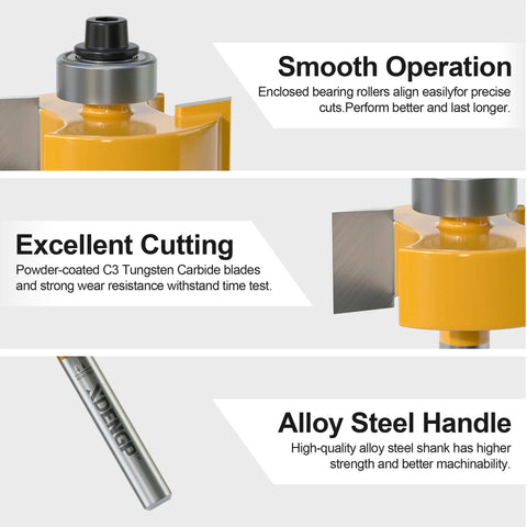 Pro Grade Rabbet Router Bit Set With 1/4 Inch Shank And 6 Interchangeable Bearings, showing smooth operation and excellent cutting features.