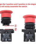 Red 22mm Mushroom Emergency Stop Push Button Switch 2NC Latching, shown with diagram for assembly, 660V AC 10A 2 Pack Panel Mount