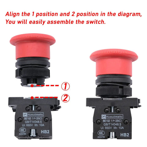 Red 22mm Mushroom Emergency Stop Push Button Switch 2NC Latching, shown with diagram for assembly, 660V AC 10A 2 Pack Panel Mount