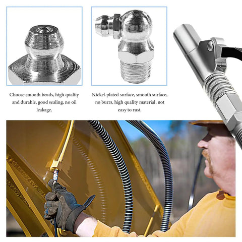 12 Piece Pro Grade Workhorse Grease Gun Coupler Kit With Lock On Tips, showing flexible hose and connectors in use