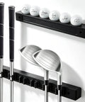 Two Pack Wall Mounted Golf Club Display Rack And Ball Display Case Set Wooden Putter Wedge Holder Wall Hanger Organizer For Six Clubs And Six Balls Home Office Simulator Decor Black, showcasing two mounted racks holding golf clubs and balls against a wall.