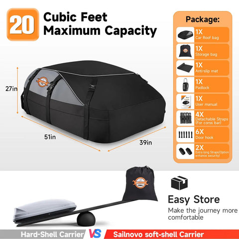 20 Cubic Feet Rooftop Cargo Bag With 51 Long By 39 Wide By 17 High Dimensions, Waterproof Car Roof Carrier For Cars With Or Without Rack